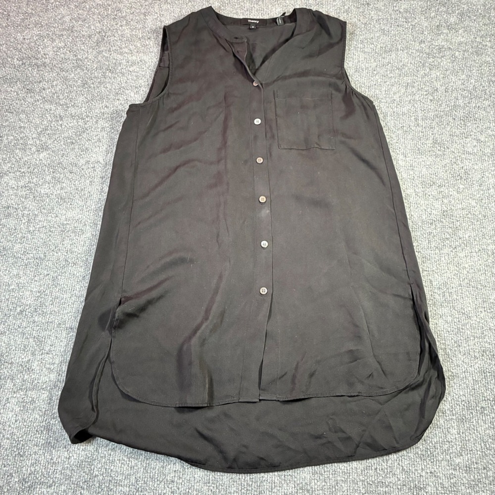 Theory Silk Tunic Womens M Black Sleeveless High Low Button Down Top